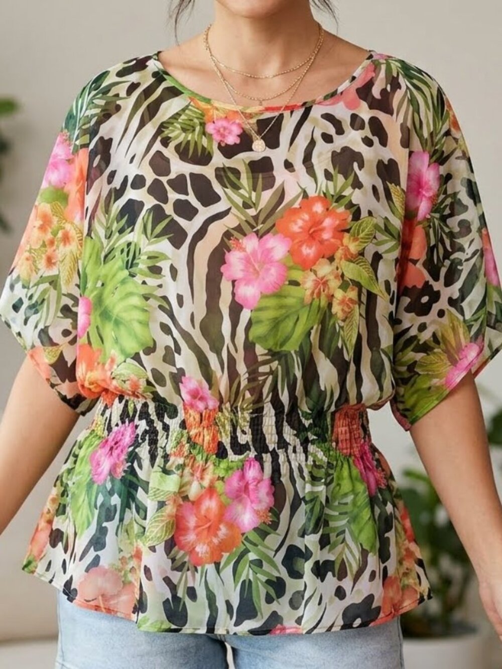 Woman's Floral Tunic Blouse Sheer Lightweight Top Swimsuit Cover-up